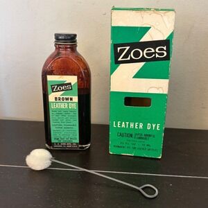 Vintage Zoes Brown Leather Dye Glass Bottle |‎ Original Box | Dauber Applicator